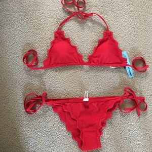 NWT Red Scalloped Two Piece Bikini Suit